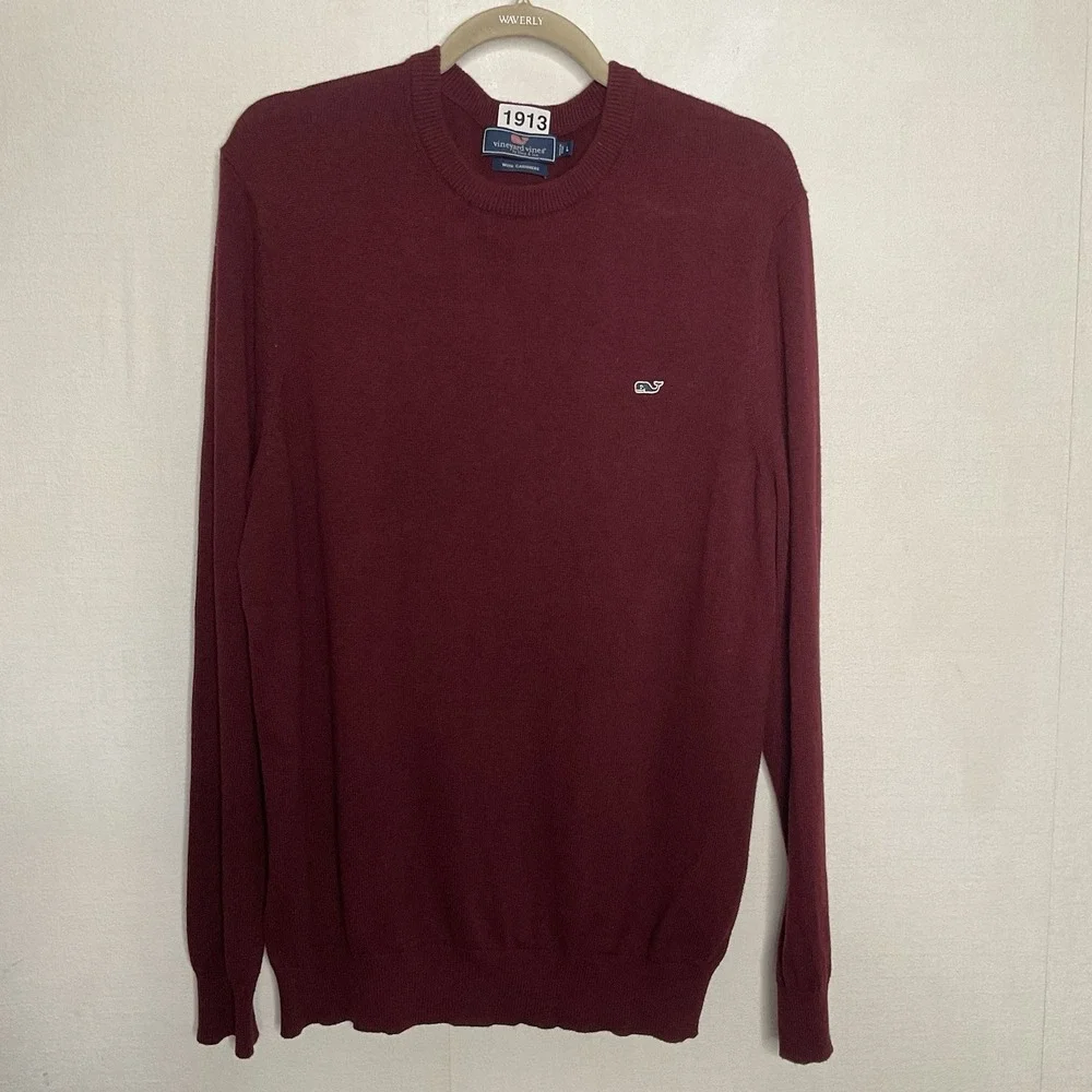 Vineyard Vines Sweater Mens Large Cotton Cashmere Maroon Pullover Crew Logo‎